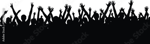 Cheering crowd silhouette illustration, celebration people artwork, unity gathering design, black white figure set, concert stylized collection