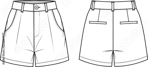 Technical Flat Sketch of Women's High-Waisted Tailored Shorts with Pleats, Slant Pockets, Back Welt Pockets, and Belt Loops for Design.