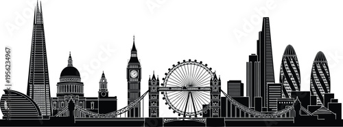 London skyline silhouette illustration, iconic landmark artwork, cityscape architecture design, black white figure set, historical modern stylized collection