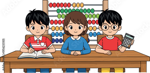 Kids Learning Mathematics with Abacus Calculator and Notebook Classroom Education Scene Cute Student Vector Illustration Set