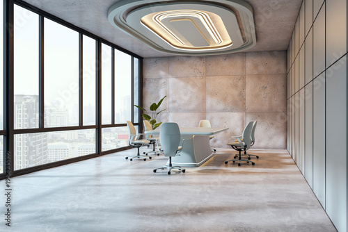 Modern corporate meeting room with sleek table, ergonomic chairs, large panoramic windows, refined ceiling lighting and spacious contemporary interior design. 3D Rendering