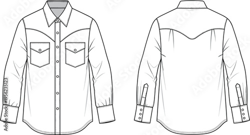 Western Long Sleeve Button Down Shirt Technical Flat Sketch Vector Template with Front and Back Views and Pearl Snap Details