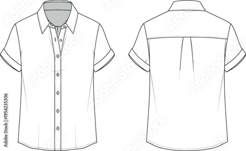Women Short Sleeve Button Down Shirt Technical Flat Sketch Vector Illustration with Front and Back View for Fashion Design Template