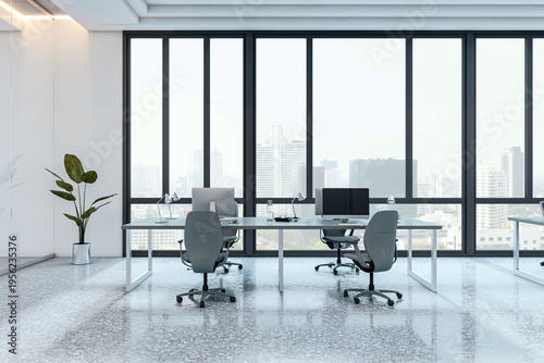 Modern empty corporate office interior featuring contemporary desks, ergonomic chairs and large windows overlooking a bright cityscape in a clean design concept. 3D Rendering