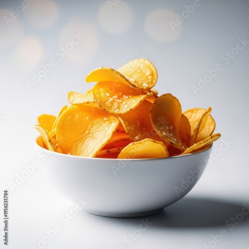 A generous serving of thinly sliced, golden-fried potato chips piled high in a white ceramic bowl, showcasing crunchy texture and saltiness, macro, unhealthy, bright