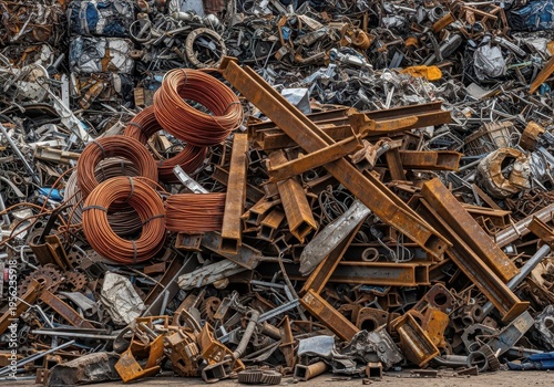 A large stockpile of valuable industrial scrap metal, including copper wiring and heavy steel beams, illegally gathered for quick resale and illegal recycling, recycling, pile, theft
