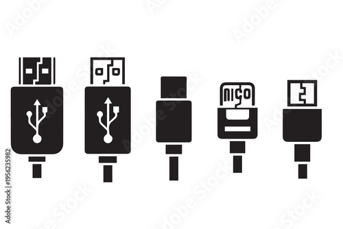 USB Cable and Connector Port Icon Set Black Silhouette