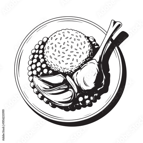 Black and white illustration of a rice ball with pickled plums and chopsticks
