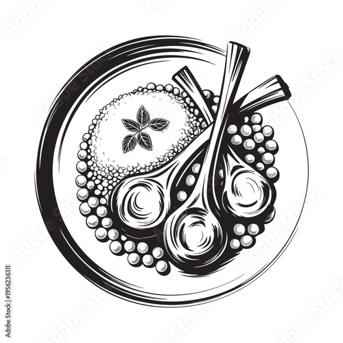 A black and white illustration of a dessert with mint garnish