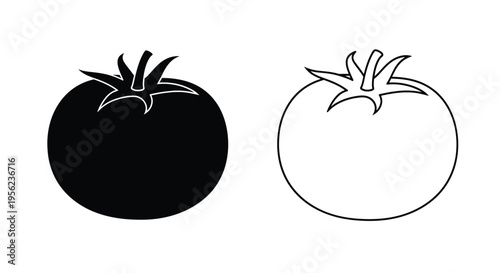 Two tomato illustrations one solid one outline in stark contrast silhouette