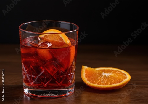 A vibrant red Italian aperitif, the classic Negroni cocktail, served in a tumbler glass on a wooden surface with a fresh orange slice, cube, peel, bitter