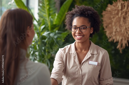 Smiling professional woman with glasses and name badge warmly greeting a client with a handshake in a modern office environment with green plants creating a welcoming atmosphere