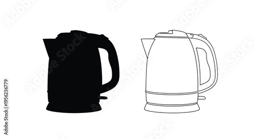 Electric kettle shown in both solid black and white line art silhouette