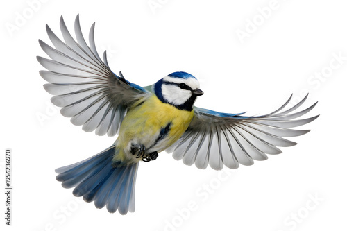 Blue Tit Bird Flying with Wings Spread Isolated on White Background – Colorful Wild Bird in Flight