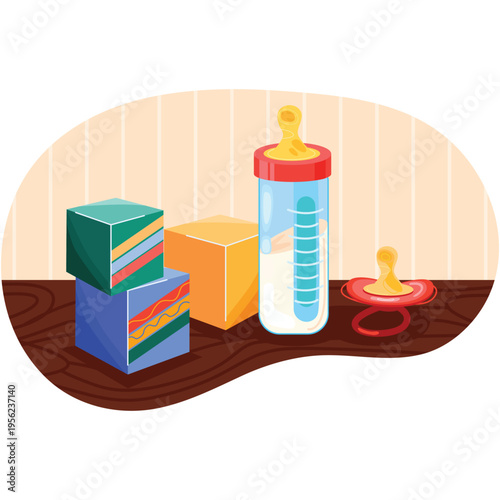 Milk bottle, nipple and toy for baby vector icon