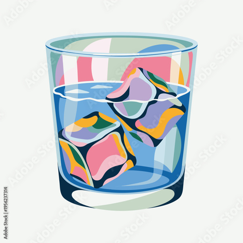 Refreshing Glass of Blue Drink with Colorful Abstract Ice Cubes Vector Illustration