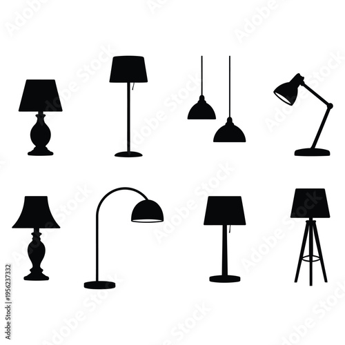 Collection of Various Modern Lamps and Lighting Fixtures Silhouettes for Interior Design
