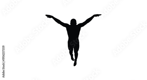 A dynamic black silhouette of a person with outstretched arms airborne silhouette