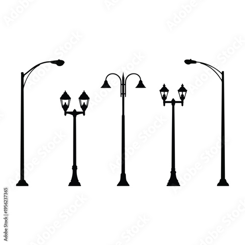 Set of silhouette street lamps in various designs, symbolizing illumination and urban infrastructure