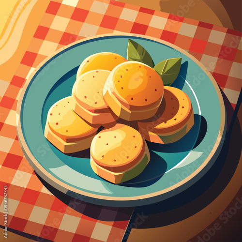 A plate of round cookies rests on a checkered tablecloth.