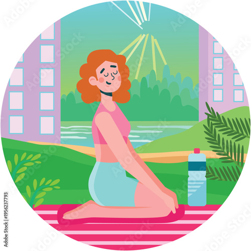 Woman does yoga pilates outdoor flat vector
