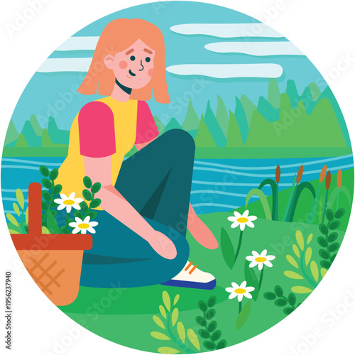 Woman collecting herbs in garden or field vector