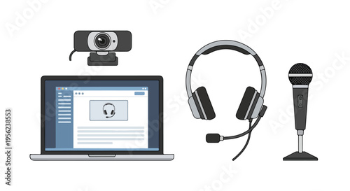 Flat lay of a laptop with a video call on the screen, webcam, headphones, and microphone on a clean white background.