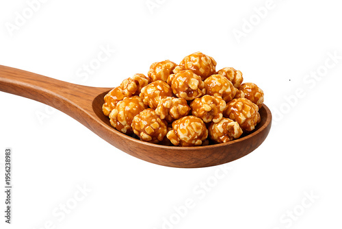 Caramel Popcorn in Wooden Spoon Isolated on Transparent Background
