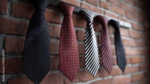 A collection of five elegant neckties featuring diverse patterns like polka dots and stripes in various colors displayed against a textured brick