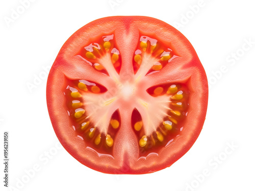 Fresh cut tomato half with seeds and juicy pulp visible inside  ripe red vegetable transparent background