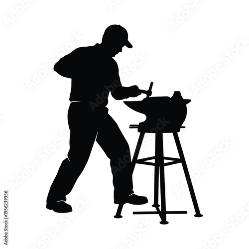 Dynamic silhouette of a traditional blacksmith striking an anvil with a hammer, symbolizing hard work, craftsmanship, and industrial heritage in a powerful illustration