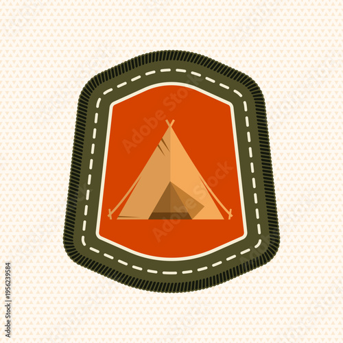 Scout badge with camping tent. Vector. Merit patch, sticker for camping outdoor and academic activities. Perfect for scouting groups, camping events, bike clubs, outdoor apparel, stickers, embroidery