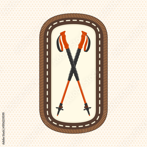 Scout badge with trekking poles. Vector. Merit patch, sticker for camping outdoor and academic activities. Perfect for scouting groups, camping events, bike clubs, outdoor apparel, stickers