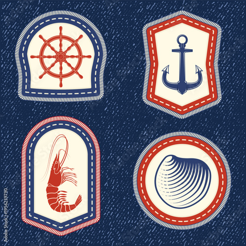 Set of nautical and marine badges featuring ship wheel, anchor, shrimp and seashell icons. Vector. Vintage style patches with stitched borders on textured background. Suitable for seafood branding