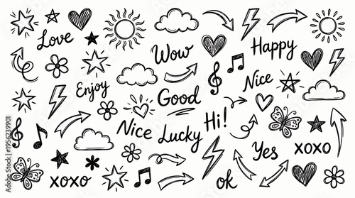 Hand drawn collection of doodle elements with stars hearts arrows clouds and positive words on white background, concept for social media decoration, journal planning and creative journaling