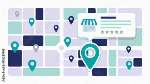 Digital flat illustration of city map grid with multiple location pins and store info popup with five stars, concept for local SEO, business directory and digital navigation services