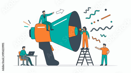 Marketing director on giant megaphone leading corporate team with creative specialist and office employee, concept for brand promotion, digital advertising and business communication