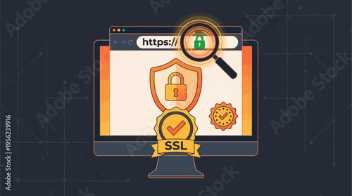 Computer monitor displaying secure web browser with magnifying glass and SSL certificate badge on dark background, concept for website security, data encryption and cyber privacy protection