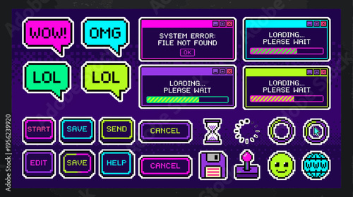 Pixel art neon interface elements collection with retro loading bars speech bubbles and vintage computer buttons, concept for retro gaming interface, web design and creative app marketing