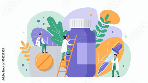Tiny pharmacists and medical researchers working around giant medicine bottle with pills and pipette among leaves, concept for medical research, healthcare industry and pharmacy marketing