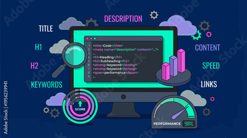 Flat illustration of computer monitor displaying HTML code tags with analytics charts and SEO elements, concept for search engine optimization, digital marketing and website performance