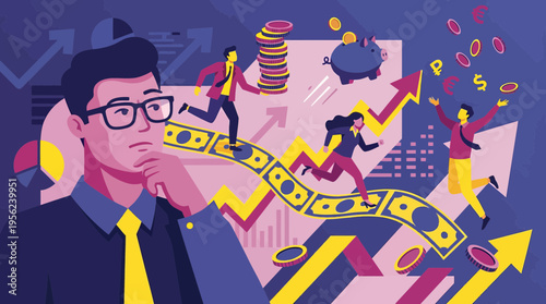 Thoughtful male financial manager thinking about strategy with business analysts running on money path toward growth arrows, concept for wealth management, investment and corporate growth