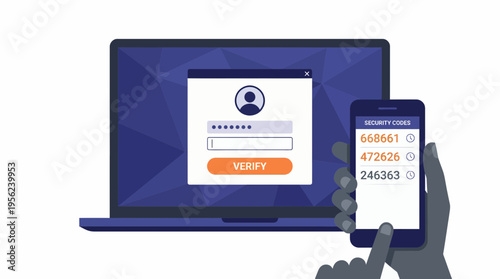 Security administrator using smartphone security codes for two factor authentication on laptop screen, concept for cybersecurity protection, digital identity safety and account verification