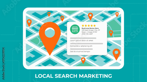 Vector illustration of local search marketing map with location pins and business profile listing card, concept for digital advertising, local seo strategy and small business growth