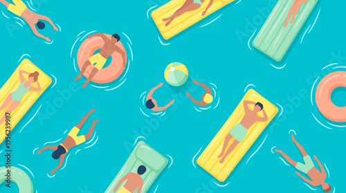 Top view illustration of diverse corporate executives and office employees relaxing in blue pool water with floats, concept for summer company retreat, employee wellness and vacation