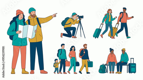 Marketing executives and project managers on corporate travel retreat with luggage and map in flat vector style, concept for team building, international business trip and company event