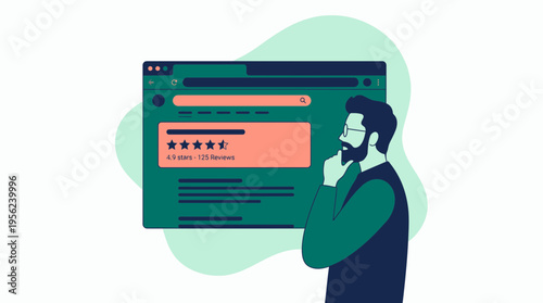 Professional marketing executive with glasses analyzing high star ratings on web browser page, concept for reputation management, online feedback analysis and digital marketing performance