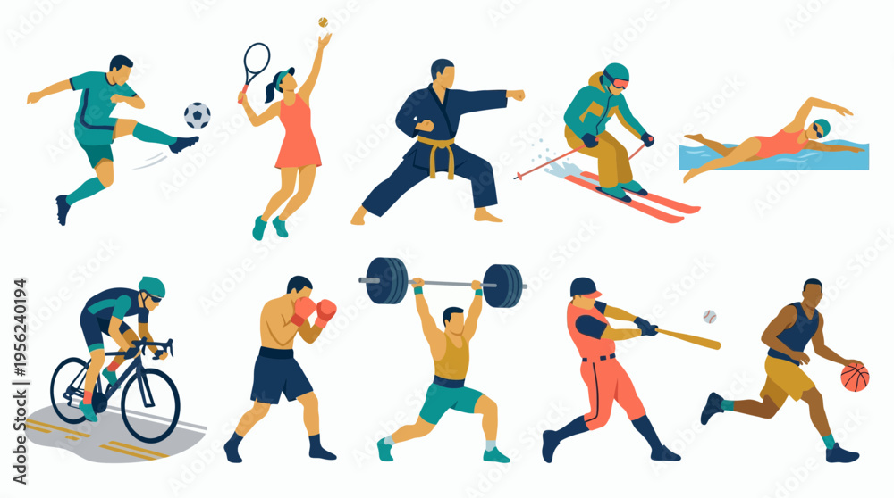 Obraz premium Collection of flat vector illustrations depicting professional athletes in various sports isolated on white background, concept for athletic training, sports competition and fitness club