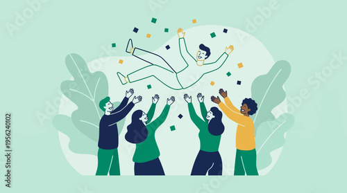 Group of diverse business employees tossing their project manager in the air during celebration with confetti, concept for team success, corporate achievement and employee recognition