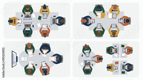 Top view vector of diverse corporate managers, analysts and executives working at office desks with gadgets, concept for corporate meeting, teamwork synergy and coworking space